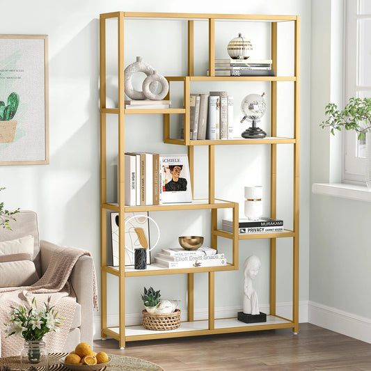 Modern Gold Display Bookshelf with Faux Marble – 8 Open Shelves Geometric Etagere for Living Room or Office