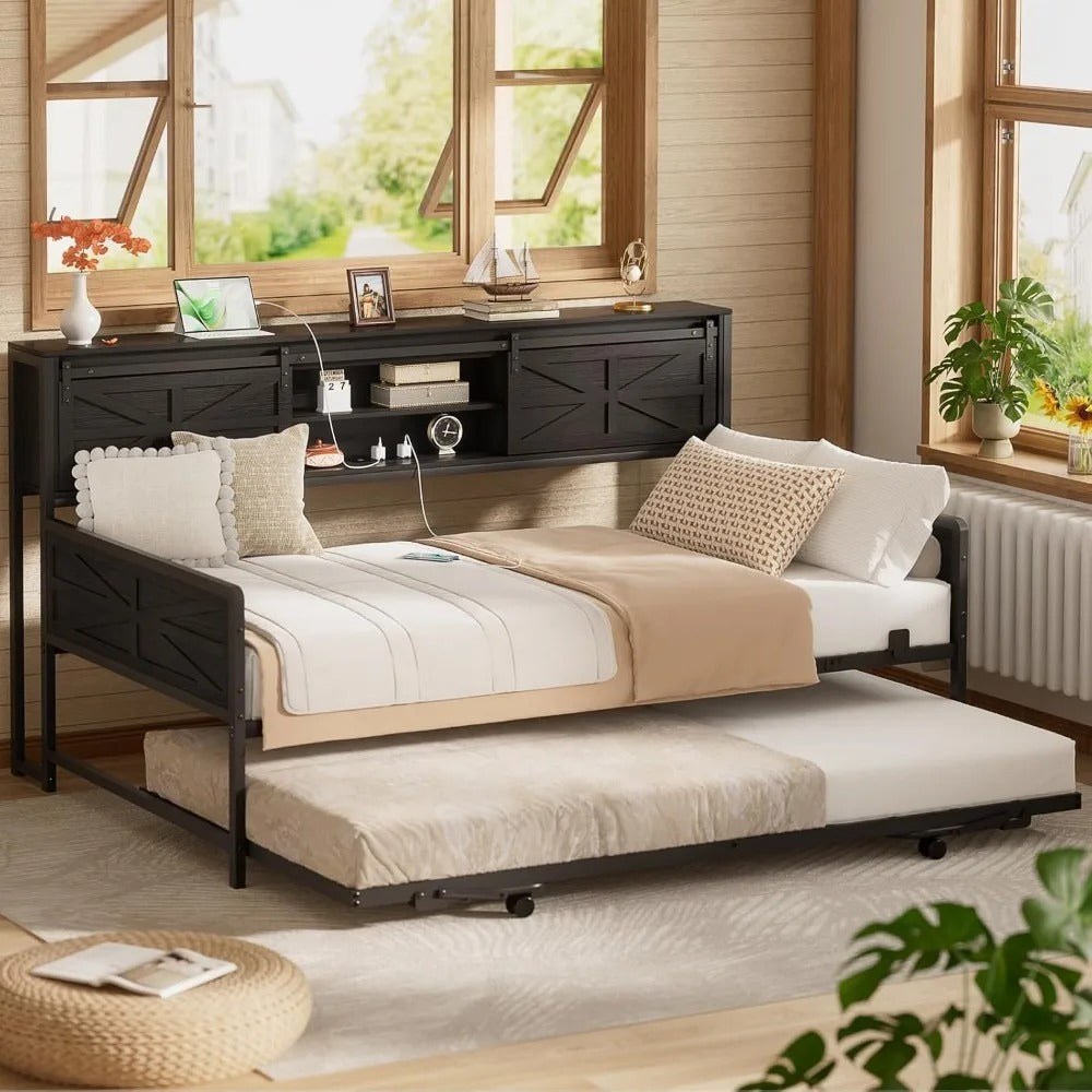 Farmhouse Twin Daybed with Trundle, Bookcase Headboard & Charging Station – Heavy-Duty Metal Sofa Bed Frame with Sliding Barn Doors (Black)