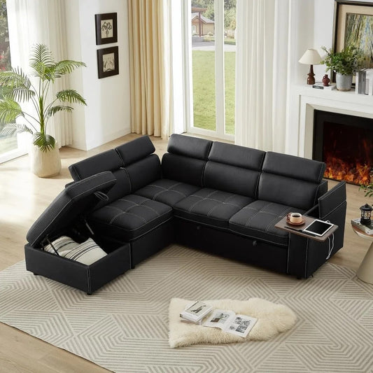 90-Inch Sleeper Sofa with Pull-Out Bed, Recliner, Adjustable Headrests & Storage Ottoman