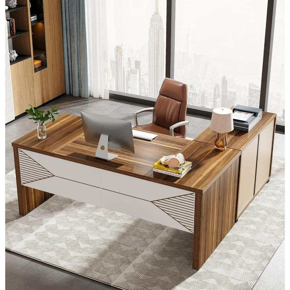 62.99" L-Shaped Executive Desk with Mobile File Cabinet – Large Home Office Workstation, Brown & White