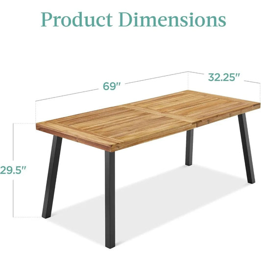 6-Person Acacia Wood Dining Table – Indoor/Outdoor Picnic Table with Metal Legs, 350 lb Capacity