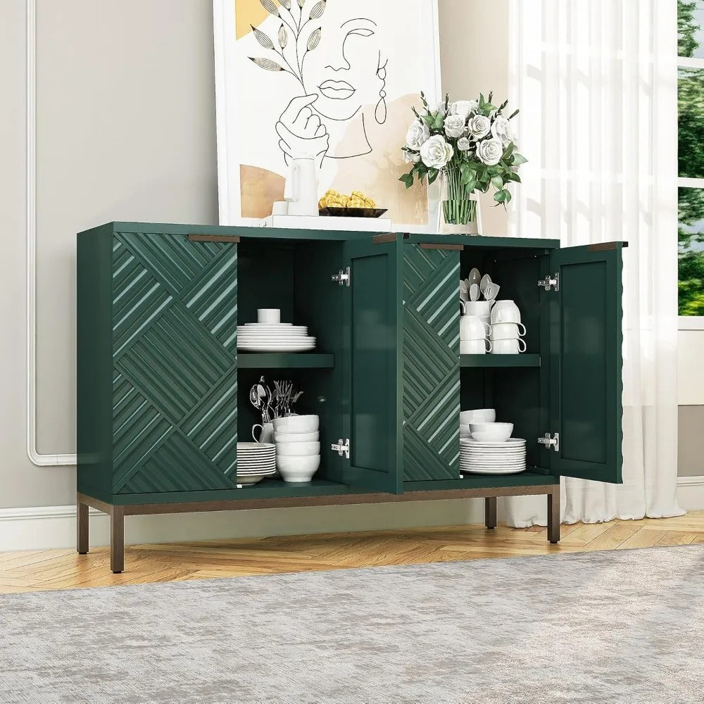 Green Fluted Sideboard Buffet – 47" Modern Storage Cabinet with 4 Doors & Bronze Metal Legs for Dining Room & Entryway