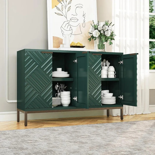 Green Fluted Sideboard Buffet – 47" Modern Storage Cabinet with 4 Doors & Bronze Metal Legs for Dining Room & Entryway