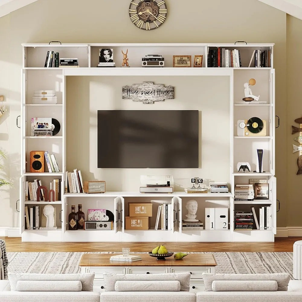 98" Wall Unit Entertainment Center with LED Lights – TV Stand with Storage, Bookshelves & Cabinets for TVs up to 80", White Modern Design