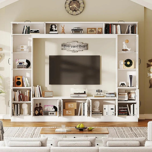 98" Wall Unit Entertainment Center with LED Lights – TV Stand with Storage, Bookshelves & Cabinets for TVs up to 80", White Modern Design