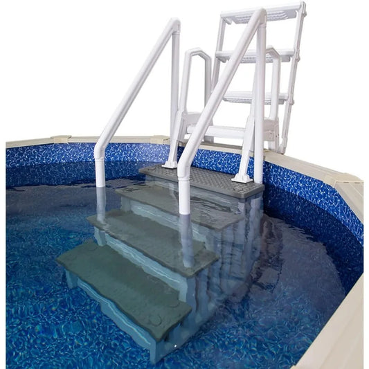 Anti-Slip In-Pool Step System with Flip-Up Outside Ladder – White/Gray for Above Ground Pools with Decks up to 54"