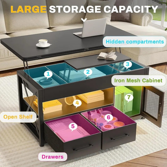 40" Lift Top Coffee Table with Storage – 4-in-1 Multi-Functional Table with Drawers, Cabinet, RGB LED Lights & Hidden Compartments for Living Room