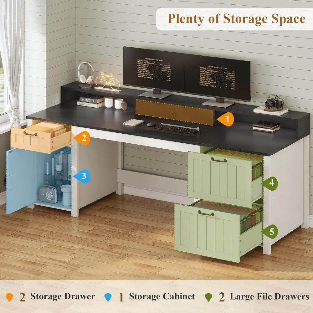 63" Farmhouse Executive Desk with File Drawers, Storage Cabinet & Monitor Stand
