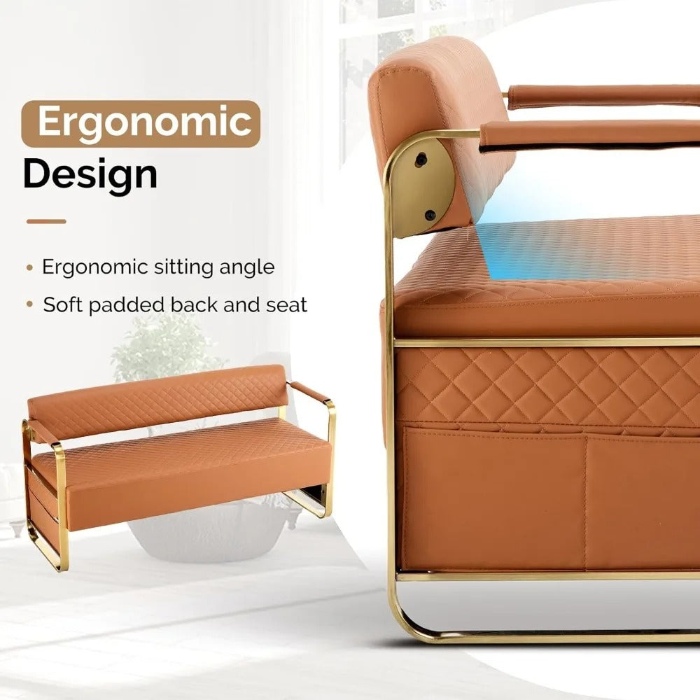 57.5" Waiting Room Bench with Back – PU Leather 3-Seater Guest Chair with Gold Frame for Office, Salon, Lobby, or Reception Area