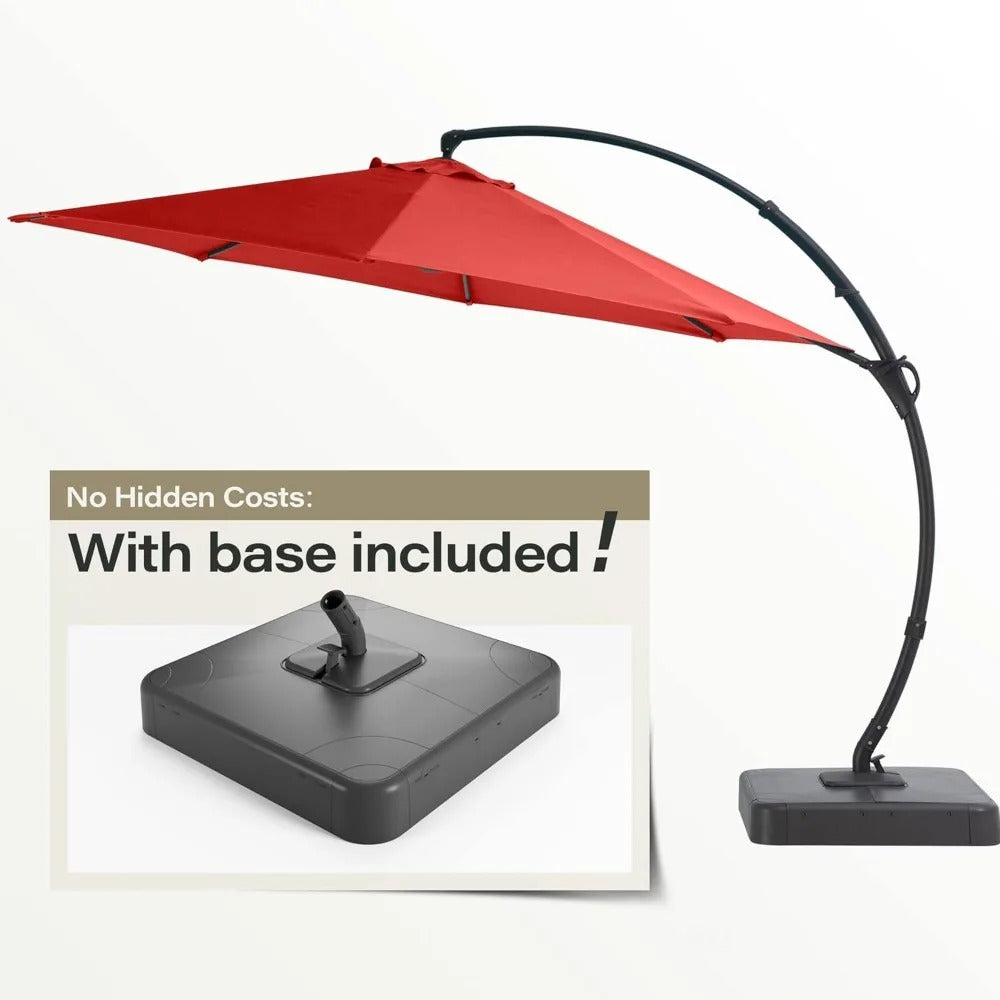 11 FT Cantilever Patio Umbrella with Base – 360° Rotating Offset Umbrella, Heavy-Duty UV & Water-Resistant Fabric, Red