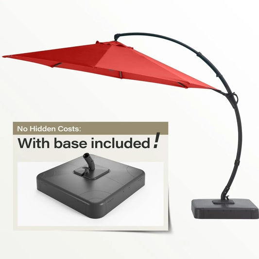 11 FT Cantilever Patio Umbrella with Base – 360° Rotating Offset Umbrella, Heavy-Duty UV & Water-Resistant Fabric, Red