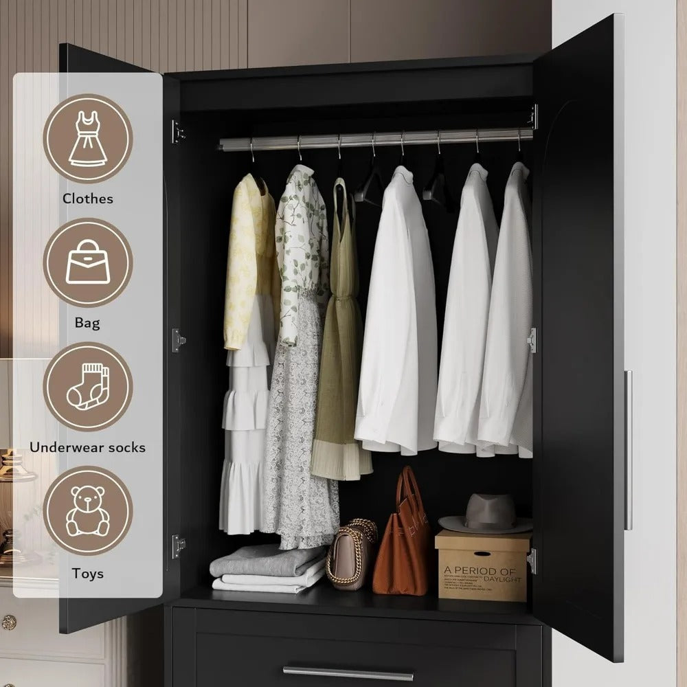 Modern Black Wooden Wardrobe Closet with 2 Drawers & Shelves – Dustproof, Durable & Space-Saving Design