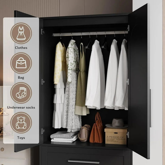 Modern Black Wooden Wardrobe Closet with 2 Drawers & Shelves – Dustproof, Durable & Space-Saving Design