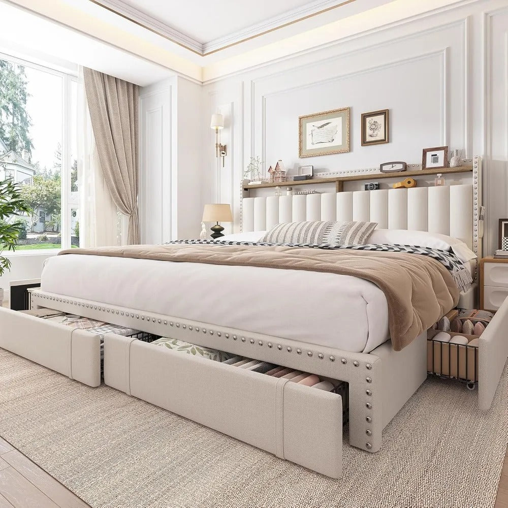 King Size Upholstered Bed Frame with Headboard, 4 Storage Drawers, Shelves & Noise-Free Support – 1200LBS Capacity, Beige