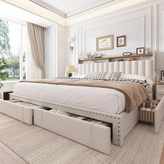 King Size Upholstered Bed Frame with Headboard, 4 Storage Drawers, Shelves & Noise-Free Support – 1200LBS Capacity, Beige