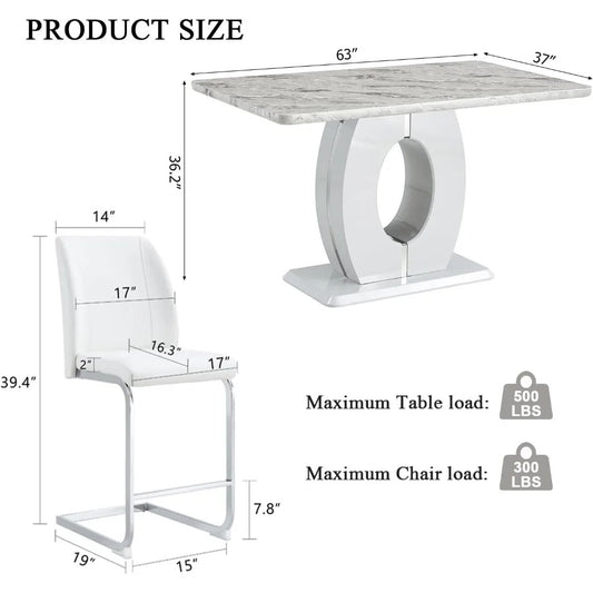 5-Piece Counter Height Dining Set with 63" Faux Marble Table & 4 White Leather Barstools – Modern Kitchen & Bar Table Set