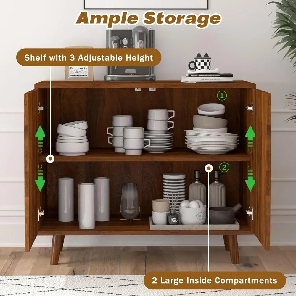 63" Modern Walnut Sideboard Cabinet – Set of 2 Decorative Storage Buffets with Carved Detail