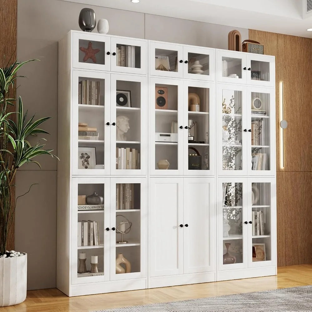 85.5" Tall White Curio Cabinet with Glass Doors – 7-Tier Bookcase & Display Shelf for Living Room, Kitchen, or Office