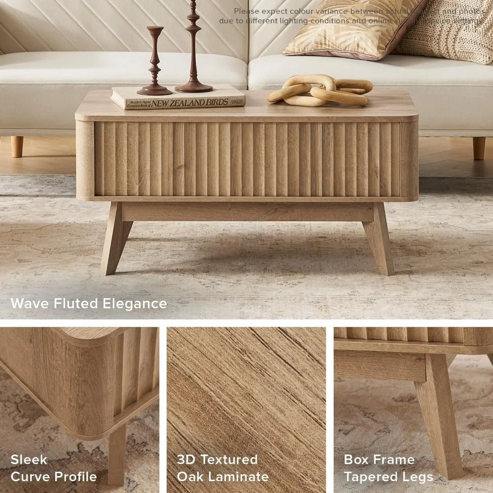 Lift-Top Coffee Table with Hidden Storage – 36" Rectangular Fluted Accent Table, Mid-Century Modern Design in Golden Oak