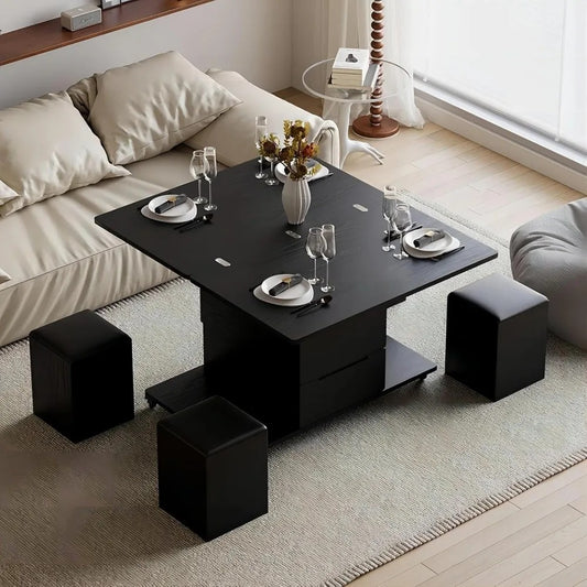Black Lift-Top Coffee Table with Hidden Storage, 4 Stools & Lockable Wheels – 3-in-1 Multifunctional Modern Table