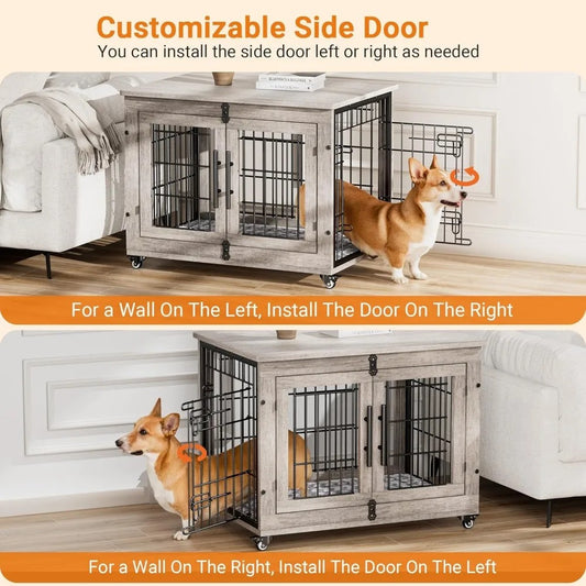 32" Wooden Dog Crate Furniture for Medium Dogs – Indoor Kennel with Cushion, Wheels & Double Doors, End Table Pet Cage