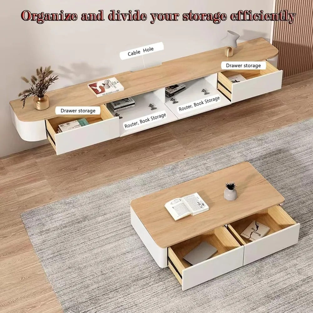 Modern Floating TV Stand – Wall-Mounted Entertainment Console with Door & Shelves, Solid Wood, 55" Wood/White Finish