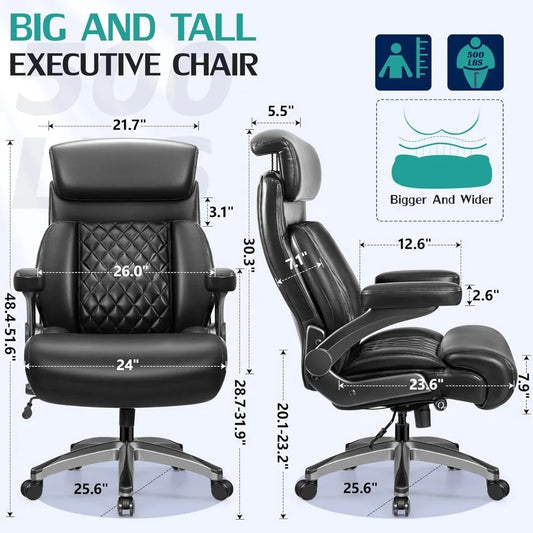 500lbs Big & Tall Executive Office Chair – Heavy-Duty PU Leather Desk Chair with Adjustable Headrest & Lumbar Support