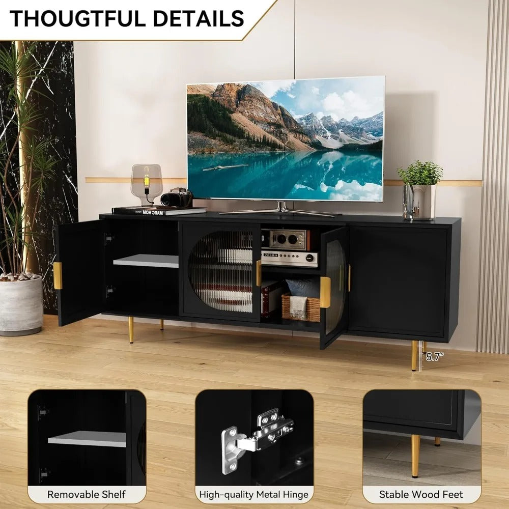 66" Modern Black TV Stand with 4 Glass Doors – Media Console for TVs Up to 75", Storage Cabinet with Shelves & Cable Management