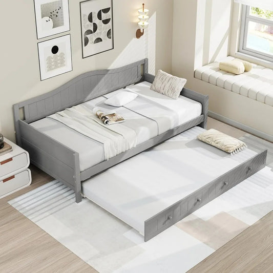 Modern Twin Daybed with Trundle – Solid Wood Frame, Grey Finish, No Box Spring Needed