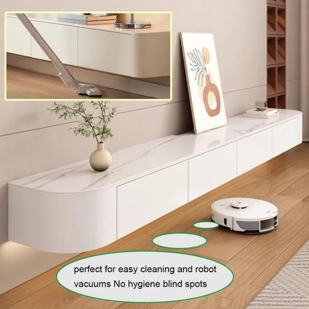 Floating TV Stand with Drawers & Cable Management – Modern Wall-Mounted Media Console, Solid Wood, No Assembly Required (White, 70.9")