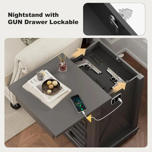 Modern Farmhouse Nightstand with Hidden Gun Drawer, LED Lights & Charging Ports – 3-Drawer Bedside Table with Sensor Lighting