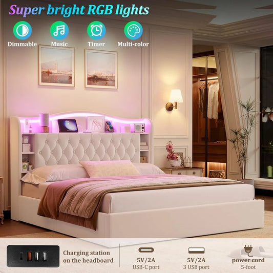 King Bed Frame with Storage, LED Lights & USB Ports – Upholstered with Lift-Up Hydraulic Design