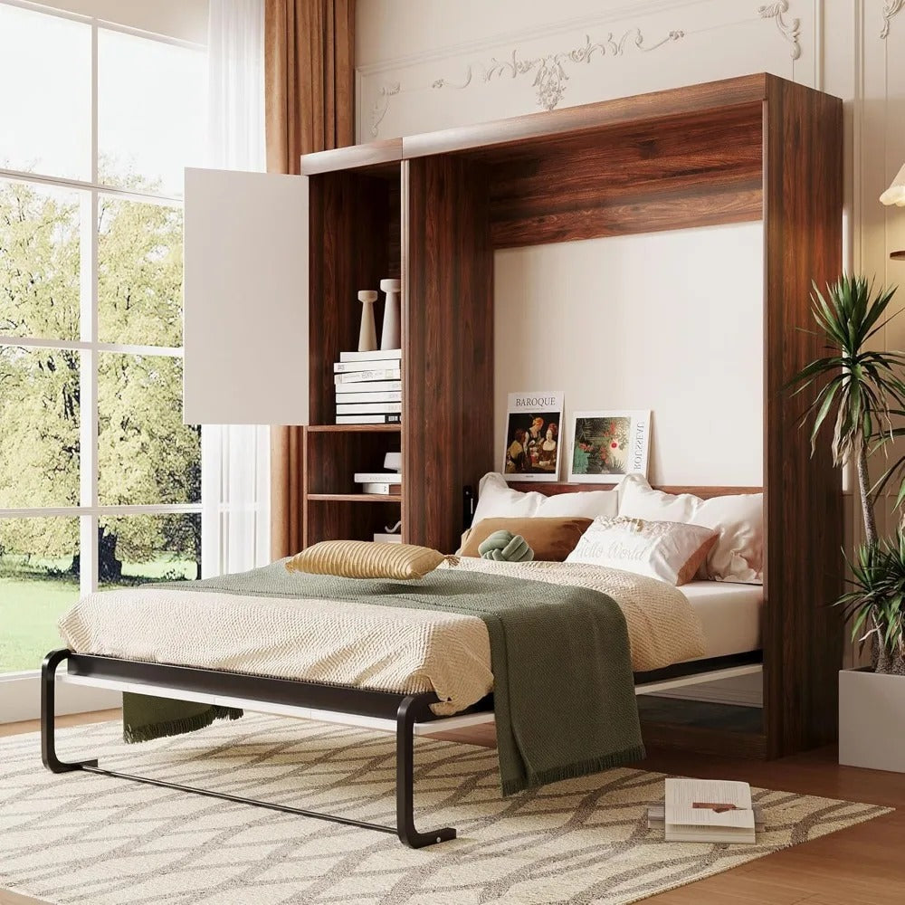 Full Size Murphy Bed with Storage Cabinets & Shelves – Space-Saving Foldable Wall Bed in White + Wood