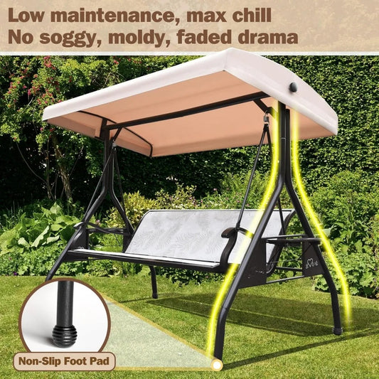 3-Person Outdoor Patio Swing with Adjustable Canopy & Upgraded Cup Holders – Textilene Fabric Porch Swing Chair