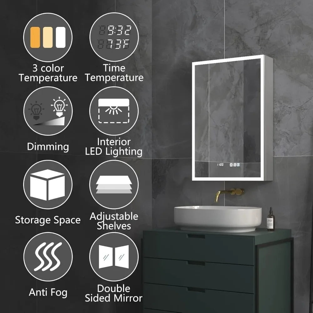 20x30" LED Medicine Cabinet with Mirror – Dimmable, Defogger, Clock, Temp Display, USB Ports & Recessed/Wall Mount Options