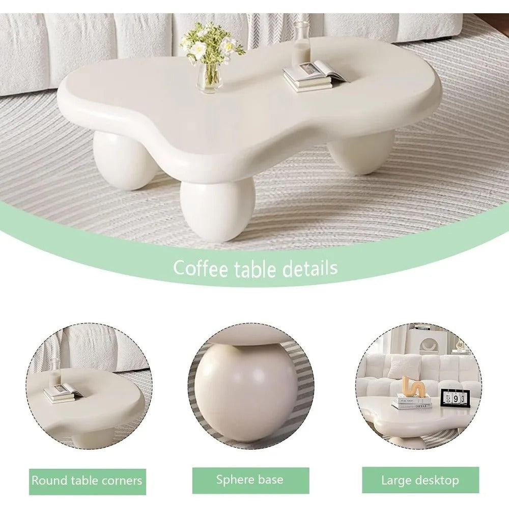 Modern Cloud Coffee Table – Irregular Cartoon Shape with Ball Legs, White Minimalist Accent Table