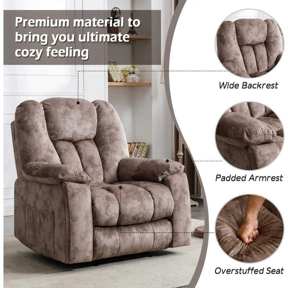 Manual Heated Recliner Chair with Massage, Cup Holders & Overstuffed Back – Soft Fabric Lounge Chair for Full-Body Relaxation (Brown)