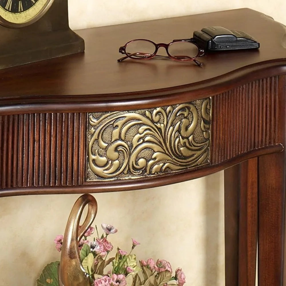 Half-Moon Cherry Console Table with Aged Gold Medallion – Elegant Traditional Foyer Accent Furniture
