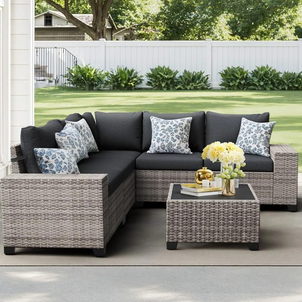 6-Piece Outdoor Wicker Patio Furniture Set – Sectional Sofa with Coffee Table, Dual Cushion Covers, All-Weather PE Rattan & Powder-Coated Frame