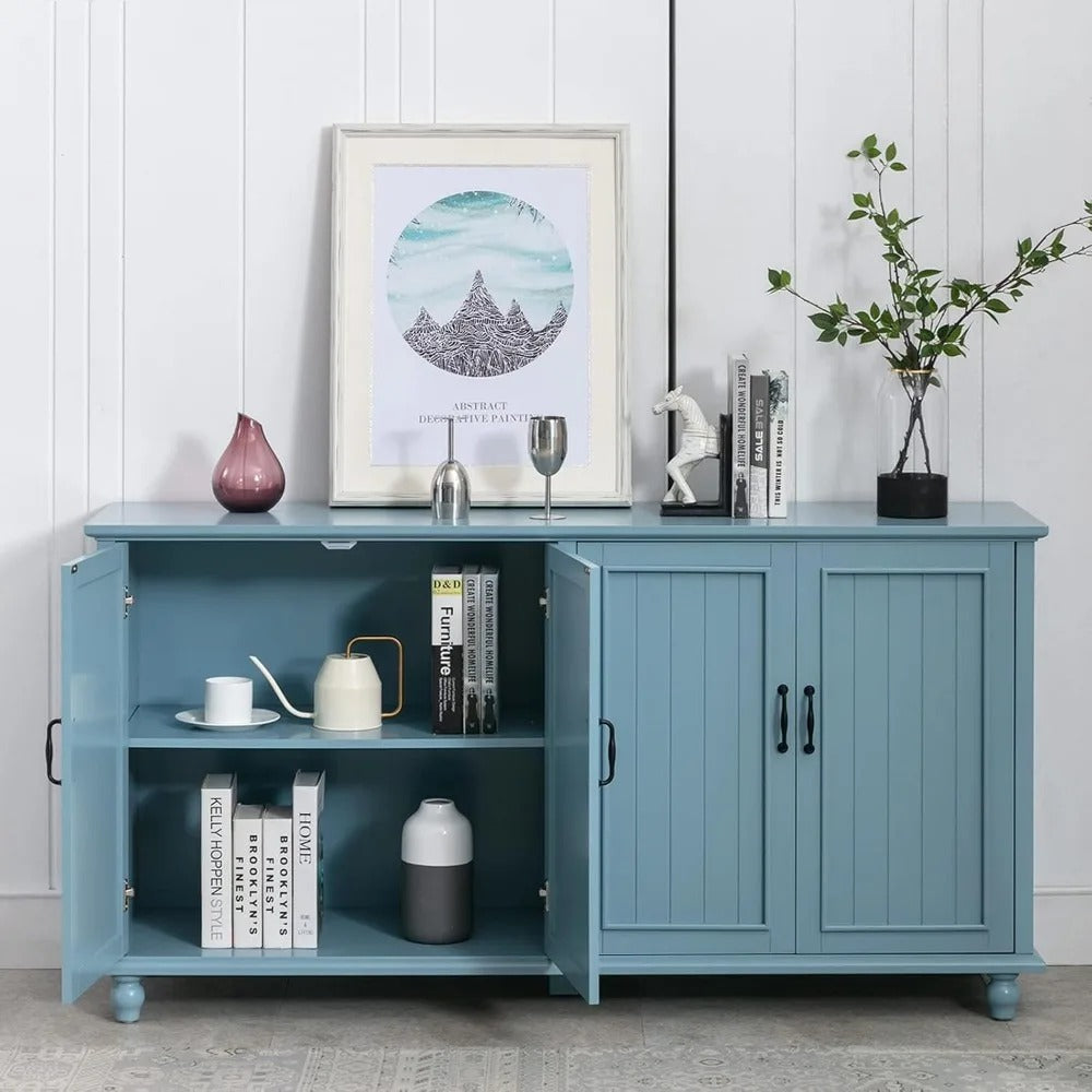 62" Modern Buffet & Bar Cabinet – Aqua Blue Sideboard with 4 Doors and Adjustable Shelves, Storage Cabinet for Kitchen, Dining Room & Living Room