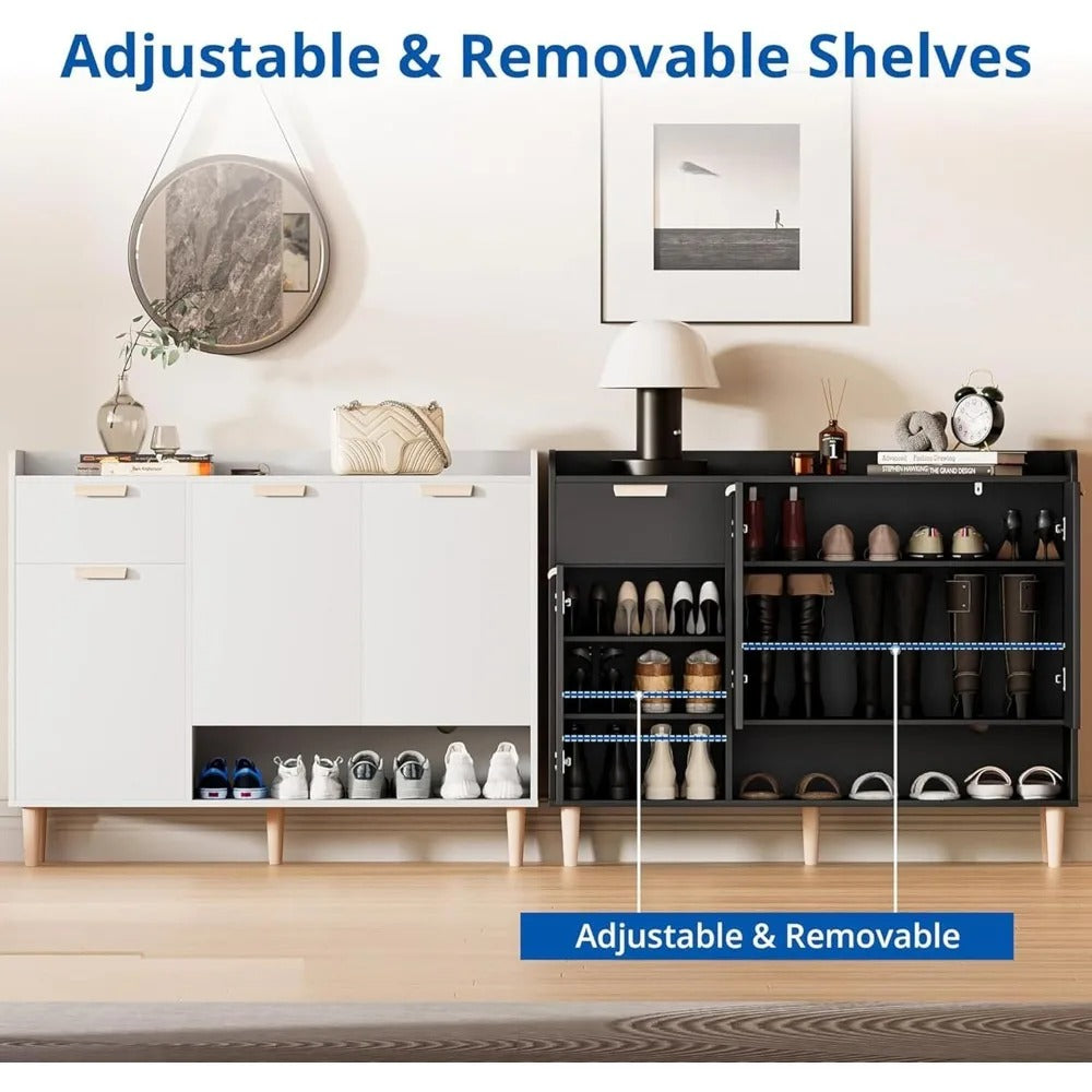 Modern Shoe Cabinet with Drawer & Doors – 4-Tier Adjustable Wood Shoe Organizer for Entryway, Hallway, or Bedroom