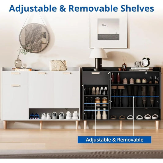 Modern Shoe Cabinet with Drawer & Doors – 4-Tier Adjustable Wood Shoe Organizer for Entryway, Hallway, or Bedroom
