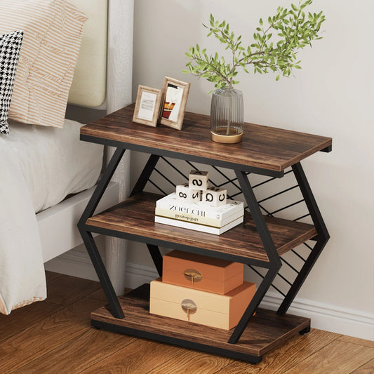 Industrial End Table with 3-Tier Storage – Rustic Wood & Metal Side Table for Living Room or Bedroom