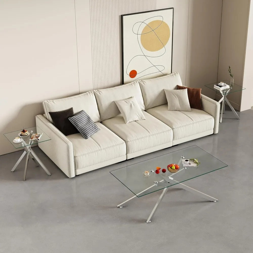 3-Piece Modern Glass Living Room Table Set – Coffee Table & 2 End Tables, Silver