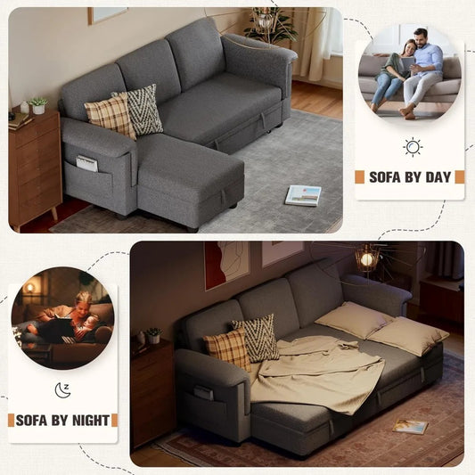 L-Shaped Sleeper Sofa with Pull-Out Bed & Storage Chaise – Space-Saving Linen Couch for Small Living Rooms