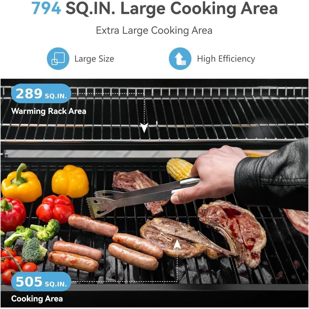 Large Barrel Charcoal Grill with 794 Sq In Cooking Space, Dual Height-Adjustable Pans & Folding Side Tables – Outdoor BBQ Grill with Temp Gauge