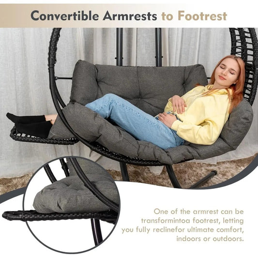 Double Hanging Egg Chair with Stand – Oversized 2-Person Outdoor Swing with Reclining Armrest & Cushions