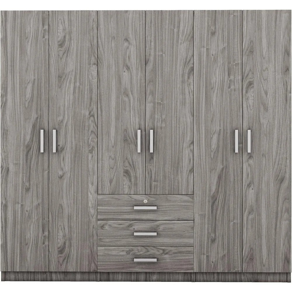 6-Door Wardrobe Closet with 3 Drawers & Lockable Storage – Modern Freestanding Armoire Organizer for Bedroom