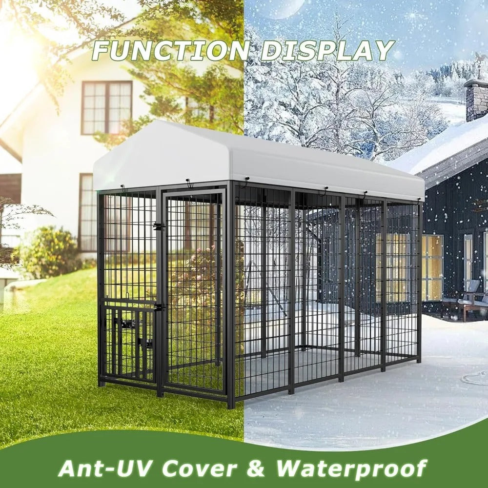 Large Outdoor Dog Kennel with Roof & Feeding Bowls – Metal Pet Run Enclosure (8' x 4' x 5.6')