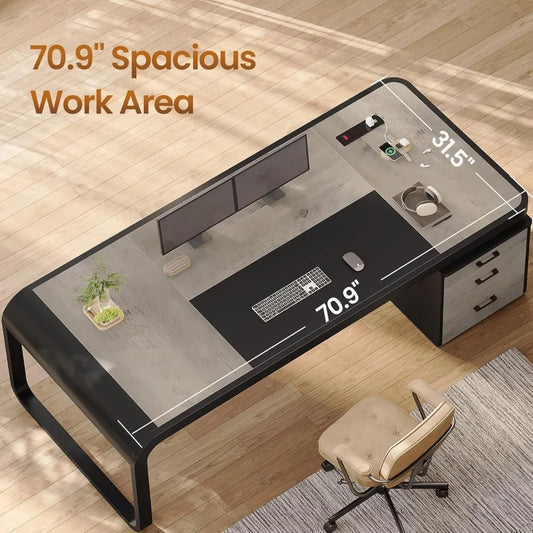 70.9” Executive Office Desk with Drawers & Charging Station – Large Computer Desk with File Cabinet & Removable Shelves